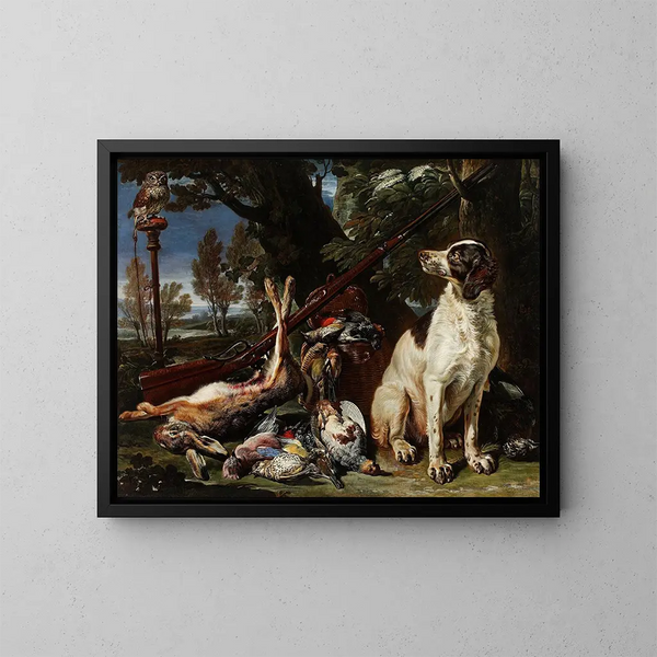 Trophäen der Hundejagden und eine Eule - David de Coninck — gerahmtes Bild an der Wand