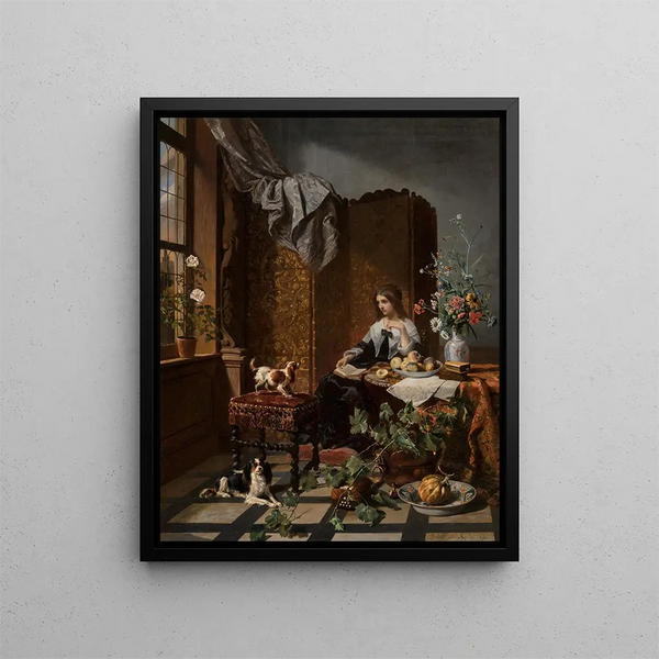 Eine Frau mit Haustieren in einem prächtigen Interieur - David Émile Joseph de Noter — gerahmtes Bild an der Wand