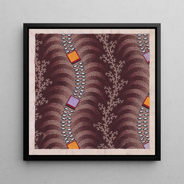 Design textile avec des bandes verticales ondulantes de carrés reliés par des perles en forme de lentille sur des feuilles de palmier stylisées ondulantes séparées par des guirlandes verticales de branches - Anonyme
