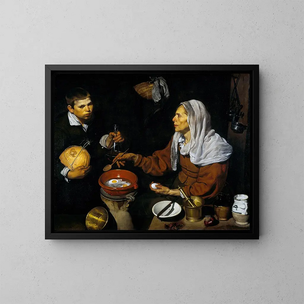 Eine alte Frau, die Eier kocht - Diego Velázquez — gerahmtes Bild an der Wand