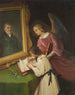Mädchen mit einem Schutzengel, der vor einem gemalten Porträt des Gründers Ph. Merian schreibt - Dionys Ganter — Ansicht des Kunstwerks