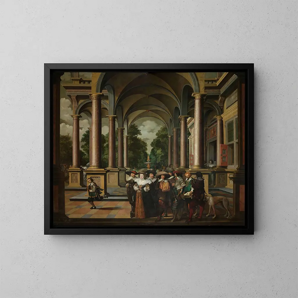 Galerie eines Palastes mit ornamentaler Architektur und Säulen - Dirck van Delen — gerahmtes Bild an der Wand