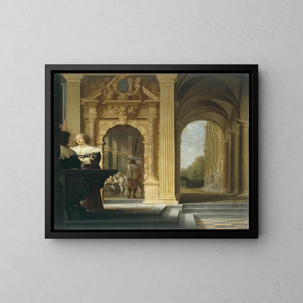 Szenen einer galanten Szene in einem Palast - Dirck van Delen — gerahmtes Bild an der Wand