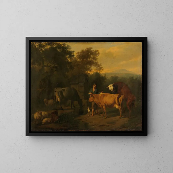 Landschaft mit einem Hirten und Vieh - Dirck van Bergen — gerahmtes Bild an der Wand
