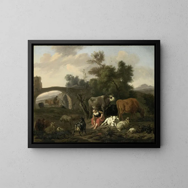Landschaft mit Hirten und Vieh - Dirck van Bergen — gerahmtes Bild an der Wand