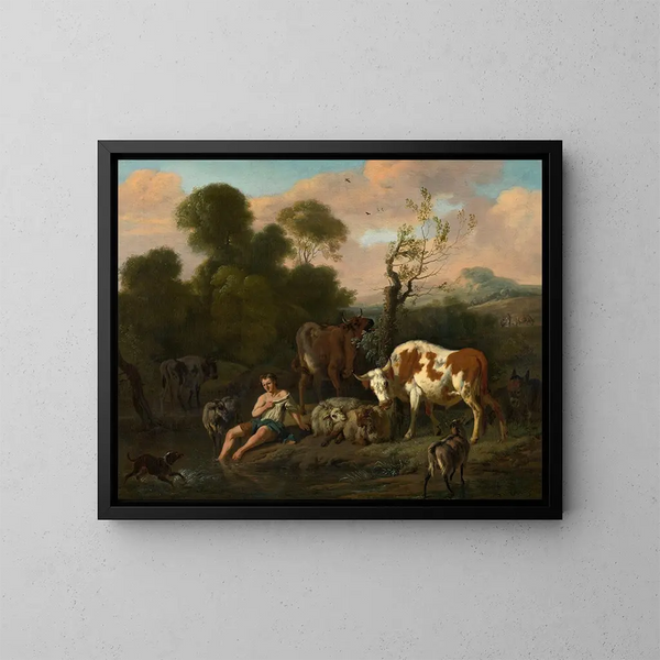 Landschaft mit einem Hirten - Dirck van Bergen — gerahmtes Bild an der Wand