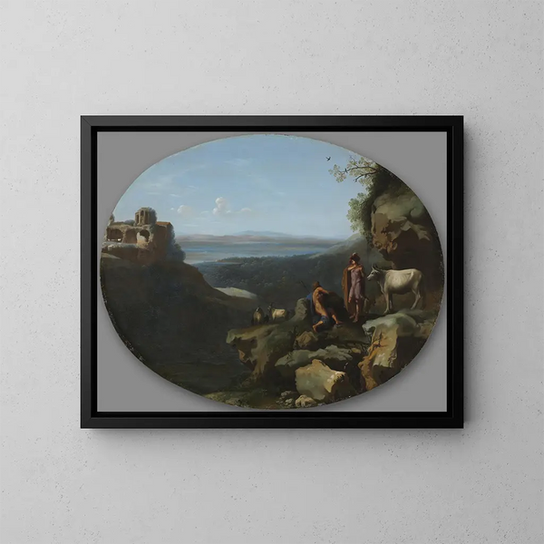 Merkur und Argus in einer Landschaft - Dirck van der Lisse — gerahmtes Bild an der Wand