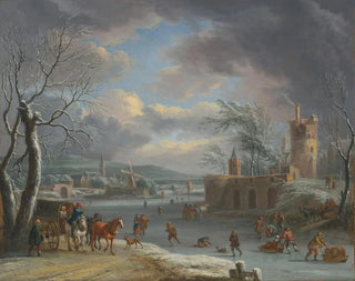 Dirk Dalens III - A winter landscape with figures skating on a frozen river.webp