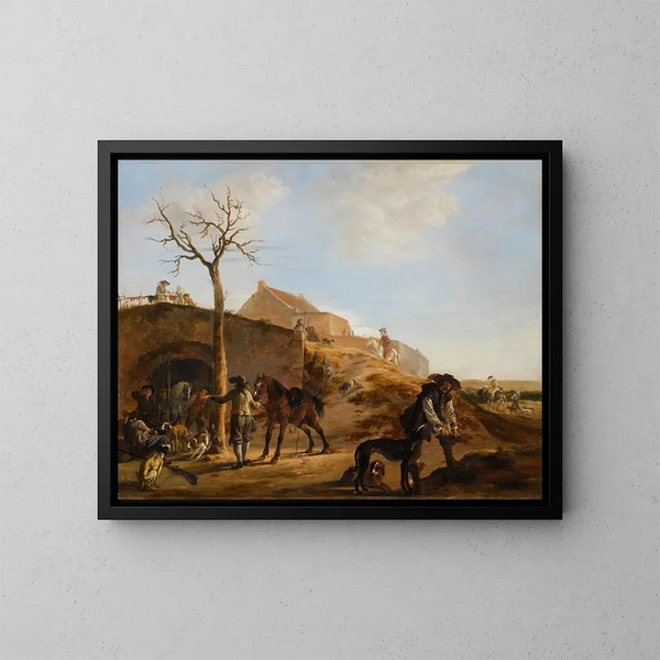 Ein Landschaft mit Jägern, die die Jagd mit ihren Hunden und Pferden vorbereiten - Dirk Stoop — gerahmtes Bild an der Wand