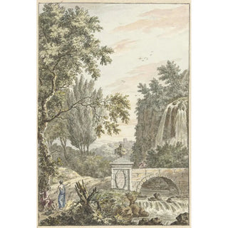 Dirk Versteegh - Arcadisch boslandschap met een waterval een brug en drie jongemannen.webp
