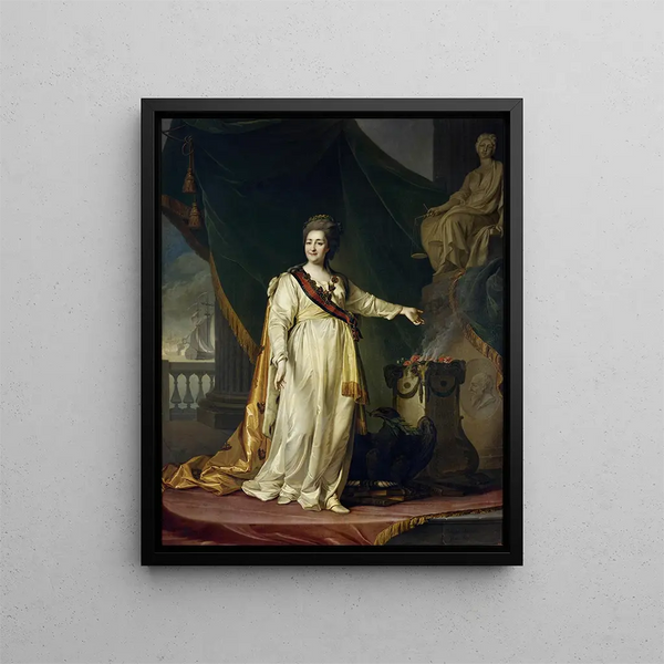 Portrait von Katharina II. die Gesetzgeberin im Tempel der Göttin der Gerechtigkeit - Dmitry Levitsky — gerahmtes Bild an der Wand