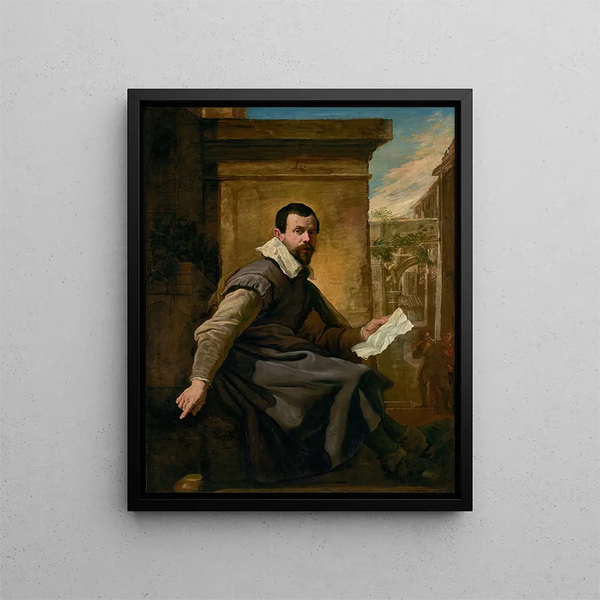 Portrait eines Mannes mit einer Musikpartitur - Domenico Fetti — gerahmtes Bild an der Wand