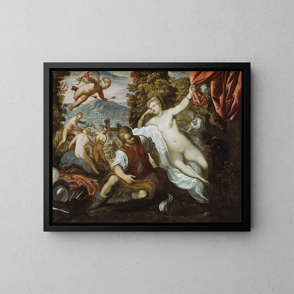 Venus und Mars mit Cupido und den Drei Grazien in einer Landschaft - Domenico Tintoretto — gerahmtes Bild an der Wand