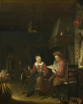 Domenicus van Tol - Interior with a man reading and a woman spinning yarn.webp