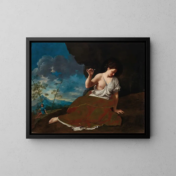 Eine junge Frau, die eine längliche Blume in einer Landschaft hält, im Hintergrund ein junger Mann. - Donato Creti — gerahmtes Bild an der Wand