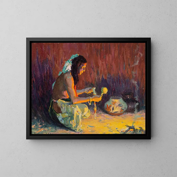 Krieger Indianer kniend vor dem Feuer - Eanger Irving Couse — gerahmtes Bild an der Wand