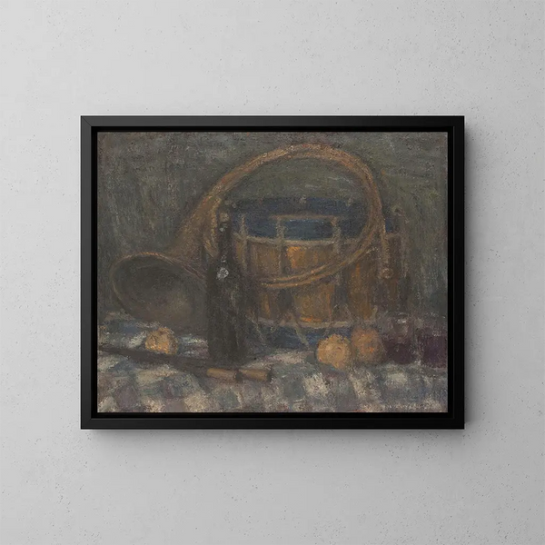 Naturstillleben mit einem Horn und einem Tamburin - Edmond François Aman-Jean — gerahmtes Bild an der Wand