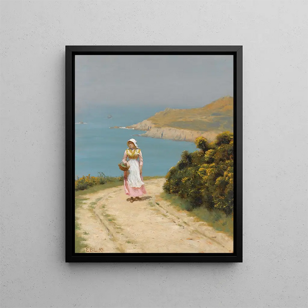 Mädchen auf einem Küstenweg - Edmund Blair Leighton — gerahmtes Bild an der Wand