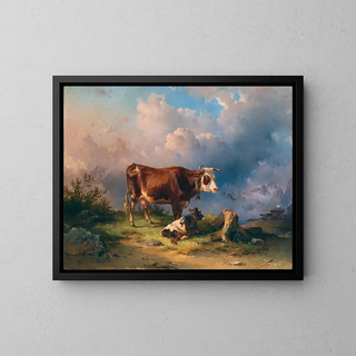 Edmund Mahlknecht - A Cow with a Calf in an Alpine Pasture in the Background the Dachstein massif.webp