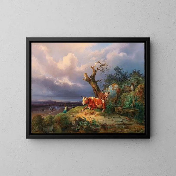 Eine Hirtin mit zwei Kühen in einer weiten Landschaft - Edmund Mahlknecht — gerahmtes Bild an der Wand