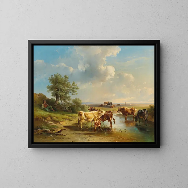 Bergère mit einer Herde Kühe am Bachufer - Edmund Mahlknecht — gerahmtes Bild an der Wand
