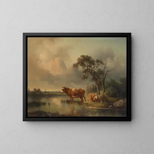 Rastende Khe am Weiher 1854 - Edmund Mahlknecht — gerahmtes Bild an der Wand