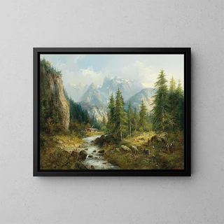Landschaft mit Bergen und dekorativen Figuren - Eduard Böhm — gerahmtes Bild an der Wand