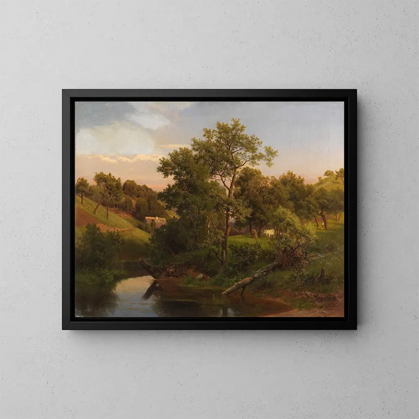 Fluss mit Bauernhaus und Viehhirte - Eduard Leonhardi — gerahmtes Bild an der Wand