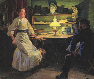 Innen-Gemälde mit Lampenlicht und zwei Figuren - Edvard Weie — Ansicht des Kunstwerks