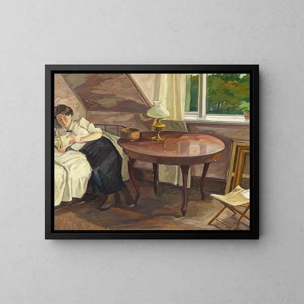 Innentafel mit Frau beim Lesen - Edvard Weie — gerahmtes Bild an der Wand