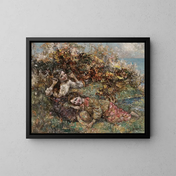 Mädchen, die Wildblumen pflücken - Edward Atkinson Hornel — gerahmtes Bild an der Wand