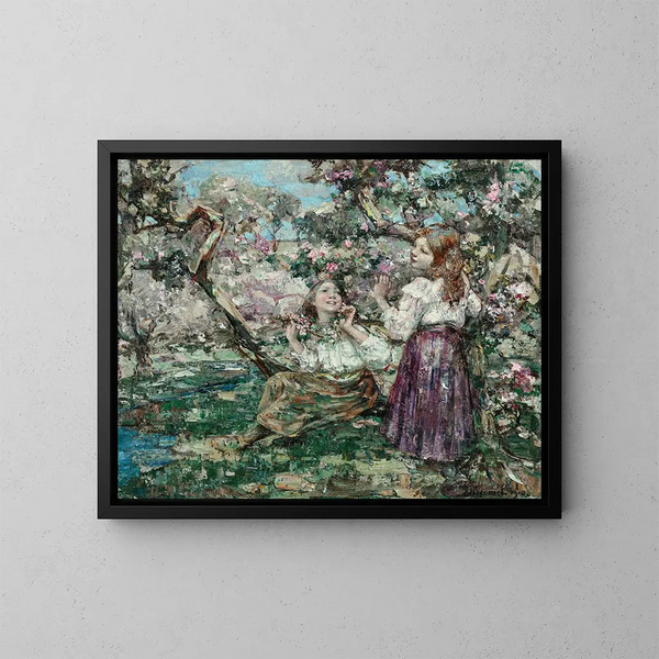 Mädchen unter den Blumen - Edward Atkinson Hornel — gerahmtes Bild an der Wand