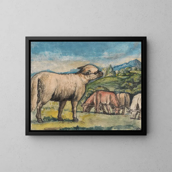 Lamm und Rinder in einer ländlichen Landschaft - Edward Calvert — gerahmtes Bild an der Wand