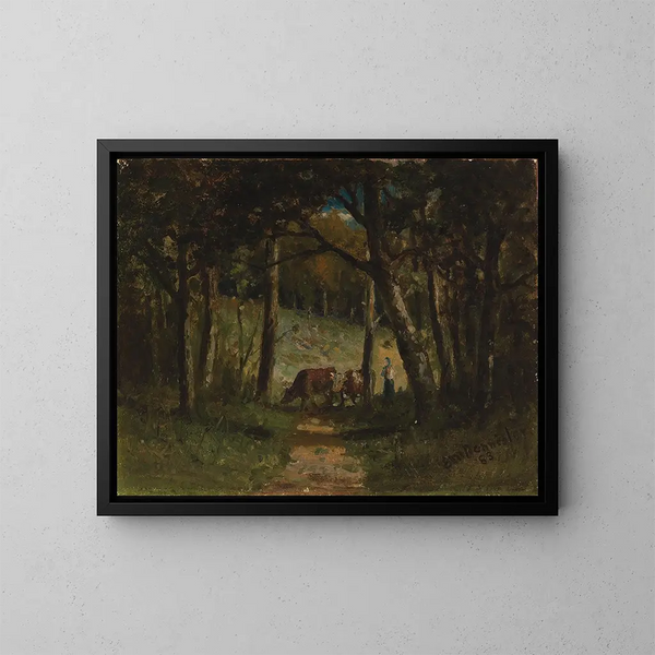 Kühe ohne Titel auf einem Weg im Wald - Edward Mitchell Bannister — gerahmtes Bild an der Wand
