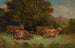 Unbenanntes Gemälde mit fünf Kühen auf einer Weide, Dach im Hintergrund - Edward Mitchell Bannister — Ansicht des Kunstwerks