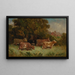 Unbenanntes Gemälde mit fünf Kühen auf einer Weide, Dach im Hintergrund - Edward Mitchell Bannister — gerahmtes Bild an der Wand