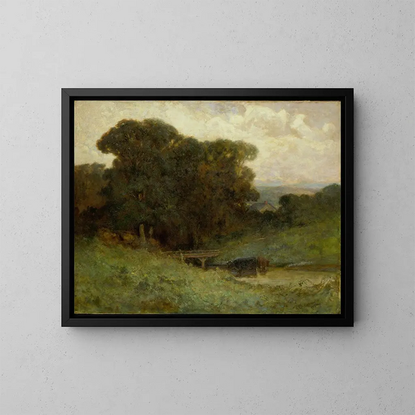 Szenen im Wald ohne Titel mit einer Brücke und Kühen im Bach im Vordergrund - Edward Mitchell Bannister — gerahmtes Bild an der Wand