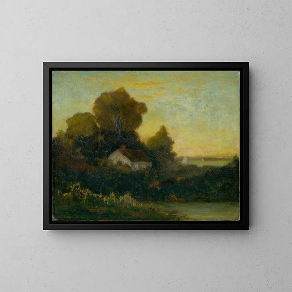 Haus ohne Titel im Wald bei See - Edward Mitchell Bannister — gerahmtes Bild an der Wand