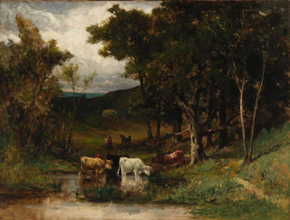 Landschaft ohne Titel mit Kühen in einem Bach in der Nähe von Bäumen - Edward Mitchell Bannister — Ansicht des Kunstwerks