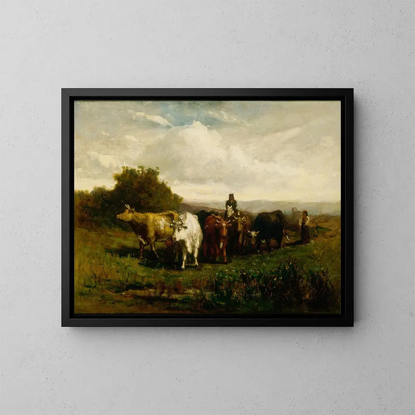 Mann ohne Titel auf dem Pferd, Frau zu Fuß treibend Vieh - Edward Mitchell Bannister — gerahmtes Bild an der Wand