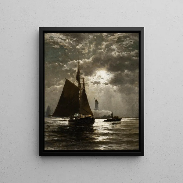 Tombée de la nuit sur le port de New York - Edward Moran — gerahmtes Bild an der Wand