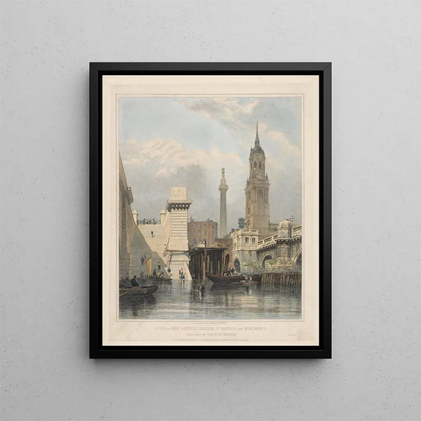 Marches du New London Bridge, St Magnus the Monument und ein Teil des Old Bridge - Edward William Cooke — gerahmtes Bild an der Wand