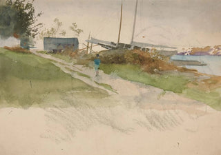 Edwin Austin Abbey - Landscape with figure walking along a path water in distance.webp