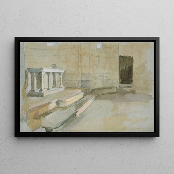 Studie für Die Suche nach dem Heiligen Gral, Serie von fünfzehn Gemälden für die öffentliche Bibliothek von Boston, fertiggestellt im Jahr 1901 - Edwin Austin Abbey — gerahmtes Bild an der Wand