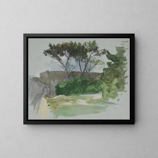 Studie einer Landschaft mit Bäumen und Steinmauer - Edwin Austin Abbey — gerahmtes Bild an der Wand