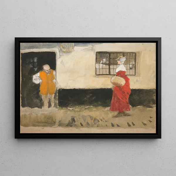 Studie einer Straßenszene mit Mann an der Tür und Frau in rotem Kleid - Edwin Austin Abbey — gerahmtes Bild an der Wand