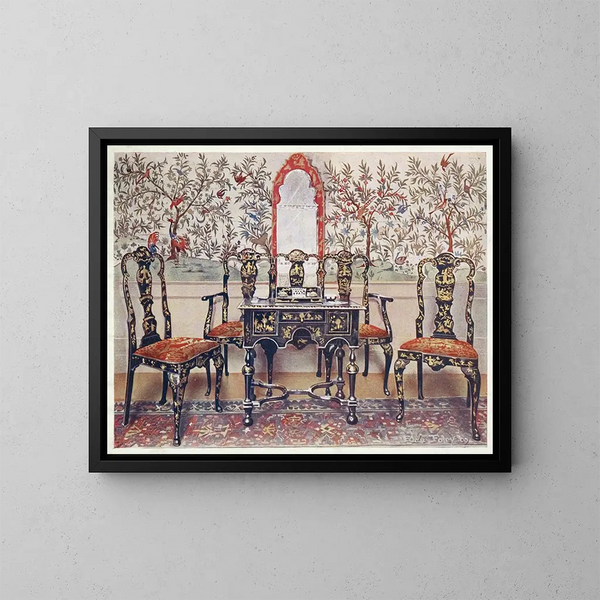 Stühle und Tisch in schwarzer Lackierung mit rotem Lackspiegel - Edwin Foley — gerahmtes Bild an der Wand