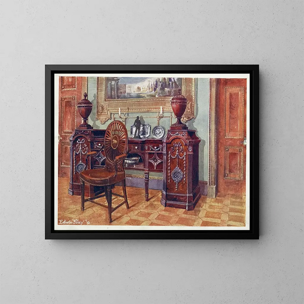 Buffet aus geschnitztem Mahagoni und Stuhl mit ovalem Rückenlehne - Edwin Foley — gerahmtes Bild an der Wand