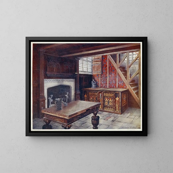 Koffer aus Intarsien, geschnitzter Zeichenpult, geschnitzter Kaminmantel, älteste englische Tapete - Edwin Foley — gerahmtes Bild an der Wand