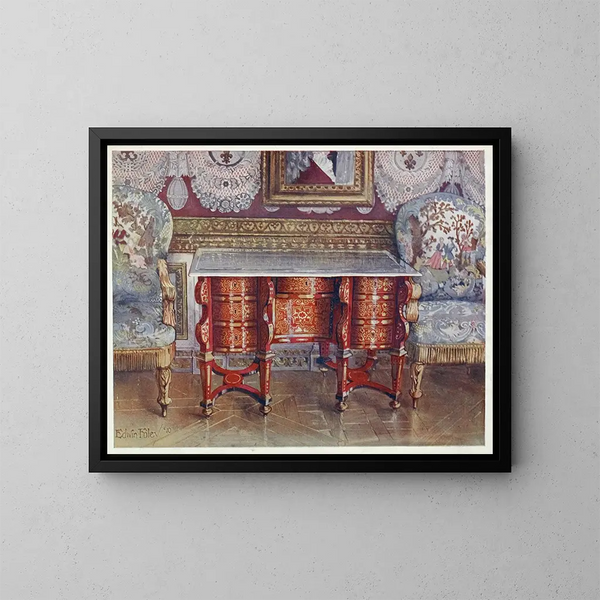 Bürotisch im Kniesitz aus rotem Schildpatt, mit lackiertem Stahlplatte, vergoldete Boulle-Polsterstühle mit Polsterbezug - Edwin Foley — gerahmtes Bild an der Wand